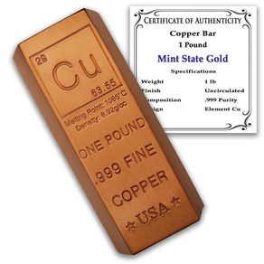 0.5kg(1파운드) 구리 바 잉곳 문진 - 999 순수 화학 요소 디자인 정품 인증서 포함 Mint State Gold 169595