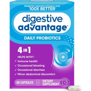 Digestive Advantage 소화 건강을 위한 프로바이오틱스 여성 및 남성용 데일리 간헐적인 팽만감 경미한 복부 불편함 장 건강 지원 입 캡슐, 80정, 1개