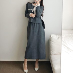 요시아나 [당일발송] 발데즈 배색 리본 니트 가디건 니트 롱스커트 투피스 세트 2컬러