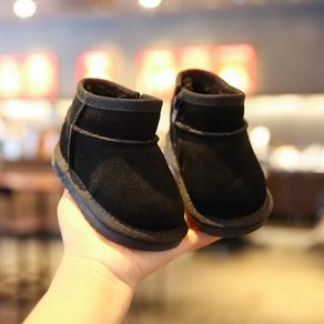 천연 가죽 유아 스노우 부츠 플러시 앵클 어린이 여아 남아 단색 핑크 겨울 신발 12-15.5cm