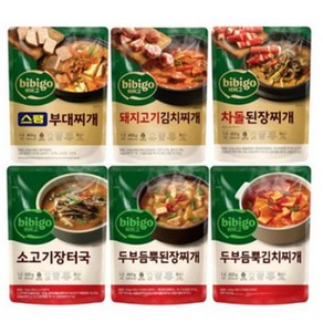 [꾸리미] CJ 비비고 즉석 찌개 6종(스팸부대찌개+차돌된장찌개+돼지고기 김치찌개+두부김치찌개+소고기장터+된장찌개), 1세트, 500g
