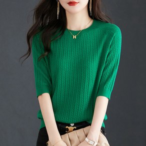 ROYALBELLE 여성 꽈배기 라운드넥 7부소매 스웨터 캐주얼 데일리 반팔 니트 티셔츠 V021202