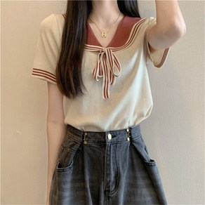 besteffie 여성용 얇은 니트 반팔 티셔츠 배색 V넥 디자인 크롭탑 슬림 스판 데일리룩 K19
