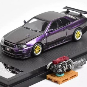 Coolat 1:64 닛산 스카이라인 GT-R (R34) - 퍼플 (엔진모형 포함 / 후드 오픈), 1개