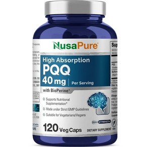 NusaPue PQQ 보충제 40mg 식물성 캡슐 120개 GMO 프리 피롤로퀴놀린 퀴논 디소듐 소금 바이오페린, 1개, 120정