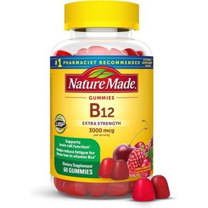 Natue Made 자연이 만든 엑스트라 스트렝스 비타민 B12 구미 1회 제공량당 3000mcg 에너지 대사 지원을 위한 보충제 구미 60개 30일 공급, 체리/ 믹스 베리, 1개, 60정