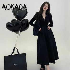 AOKADA 가을 폴로원피스 A라인 긴팔 블랙 롱 원피스