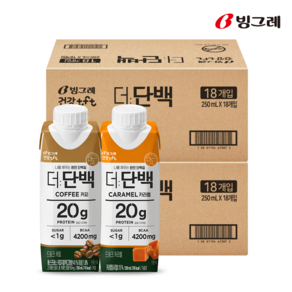 빙그레 더단백 드링크 프로틴음료 250ml, 카라멜 18팩 + 커피 18팩, 36개