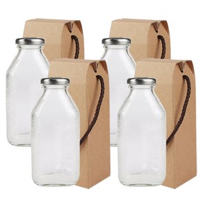 가인글로벌 사각델몬트300 유리병 + 실버캡 + 포장박스 음료병 유리용기, 4세트, 300ml