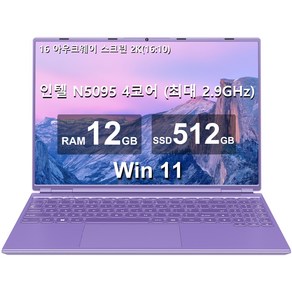 아우크웨이 16 노트북 12GB+512GB 인텔 N5095(최대 2.9Ghz) 4코어 Win 11 2.5K FHD 스크린(냉각팬 포함) 듀얼 WiFi 지원 1TB SSD 확장-보라, WIN11 Po, 보라, 12GB, 512GB, A6