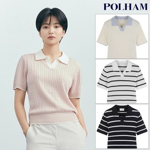 [폴햄] PHE2ET2070 여성 케이블 배색 슬릿카라 풀오버 반팔 니트