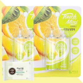 리빙굿 터치미니 화장실 방향제 리필 상큼한 레몬향 13ml 2개입 2개(+하늘선물 물티슈 10매), 2개