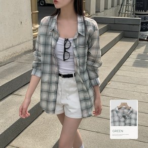 7APRIL 여성용 오버핏 체크 긴팔 셔츠 남방 블라우스
