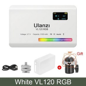 Ulanzi VL120 RGB LED 비디오 카메라 라이트 풀 컬러 충전식 3100mAh 밝기 조절 가능 25009000K 패널 라이트 사진 스튜디오 램프, 03 White VL120RGB, 1개