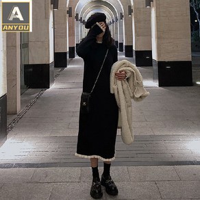 ANYOU [2022] 블랙 니트 스웨터 겨울원피스 헵번풍 이너 이너 날씬해 보이는 롱 스커트