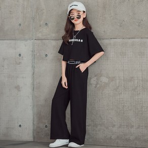 델루비오 여아 크롭 레터링 반팔 와이드 레그 밴딩 바지 투피스 세트