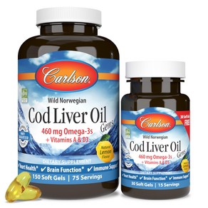 칼슨 간유 대구 간 오일 Cod Live Oil 460mg 오메가 3 비타민 A D3 1, 180소프트젤, 1개