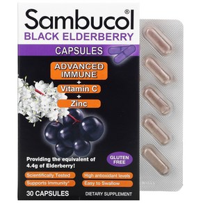 Sambucol Black Eldebey Capsules Advanced Immune ＋ Vitamin C ＋ Zinc 30 Capsules, One Colo, 1개, 30정