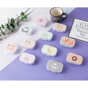 렌즈케이스 귀여운캐릭터케이스 휴대용 콘택트 실리콘집게 거울 렌즈보관통 소프트 하드 동물, 핑크캔디