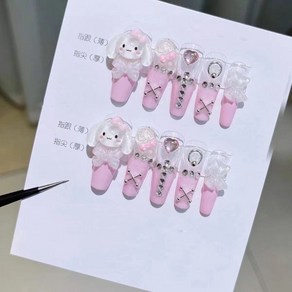 DIY 카와이 핑크 시나모롤 애니메이션 3D 인형 탈착식 수제 손톱 패치 만화 패션 웨어러블 가짜 매니큐어 소녀 선물