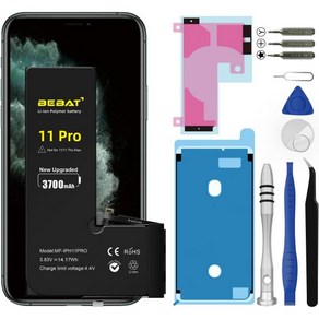 BEBAT아이폰11 PRO 배터리 교체 3700mAh 대용량 Liion 폴리머 모델 A2160 A2215 A2217 전문 수리 도구 키트 포함 아이폰11 프로, iphone 11 po, iphone 11 po