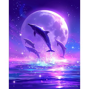 밤속의 돌고래 고래 가족 고래 행성과 돌고래 달 보석 십자수 동물 바다 행운 재물운 성공 풍수 3D 비즈십자수 DIY 보석십자수 다이어몬드그림 72가지 신제품 새로운 취미생활, HT009, 40*50cm, 1개