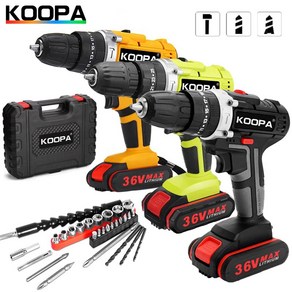 KOOPA TOOL 36V 2단 조절식 다기능 전동 임팩트 드릴 무선 전동 드릴 고출력 리튬 배터리 충전식 무선 드라이버, 검은 색, 배터리 1개, 1개