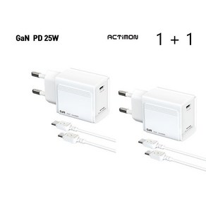 1+1 액티몬 PD 25W 초고속 가정용 충전기 갤럭시 S24 S23 S22 S21 S20 노트 20 FE 울트라 플러스 Z플립5 Z폴드5 아이폰15, 2개, C포트 1구 C to C 케이블