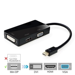 Thundebolt 노트북 Nuc 미니 디스플레이 포트 DP 수 HDMI VGA DVI 암 어댑터 컨버터 케이블 리드 3 in 1, 02 Black, 01 20CM, 1개