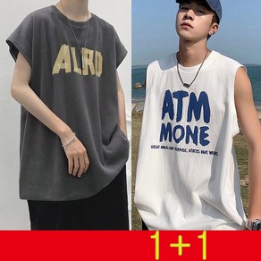 1+1 빅사이즈M-8XL 남성 캐주얼 민소매 티셔츠 루즈핏 라운드 프린트 슬리브리스 티셔츠 박스 나시 티