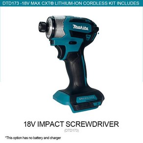 Makita 브러시리스 모터 드라이버 무선 전기 임팩트 드릴 18V 배터리용 토프 전동 공구 DTD173 180Nm, Blue-No Battey., 1개