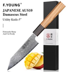 F.YOUNG 주방 다마스커스 전문 요리사 칼 과일 야채 고기 일본 수제 단조 요리 도구 5 인치, 1개, 01 Utility Knife