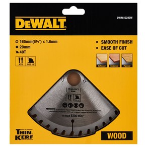 DEWALT 디월트 6.5인치 목재 목공용 씬 커프 원형톱날 팁쏘 팁소 DWA612240W (165x20mmx40T), 1개