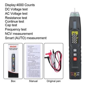 GVDA 펜 타입 디지털 멀티미터 트루 RMS 스마트 AC 전압 저항 정전용량 주파수 테스터 4000 카운트, 1개