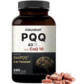 NatueBell PQQ CoQ10 240캡슐 포함 1회 제공량당 40mg  활성 피롤로퀴놀린 퀴논 생체 이용률이 높은 ZenPQQ+ 포뮬러 - 심장 뇌 및 미토콘드리아, 1개, 240정