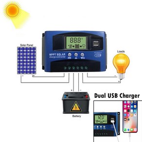 태양광컨트롤러 30/40/50/60/100A MPPT 광 충전 컨트롤러 듀얼 USB LCD 디스플레이 12V/24V 자동 전지 패, 1개