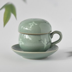 청자상감운학 뚜껑 쌍화찻잔 전통찻잔 220ml, 1개, 청자색