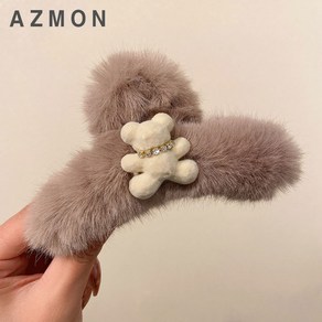 AZMON 13cm 대왕 밍크 벨벳 헤어 집게핀 곰돌이 큐빅 머리 장식