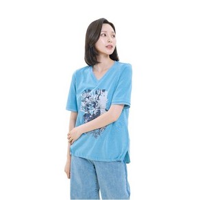 [샤트렌] 플라워 그래픽 밑단밴딩 브이넥 티셔츠