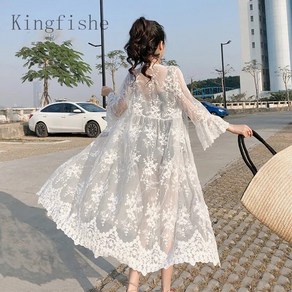 Kingfishe 여성 여름 레이스 망사 자외선 차단 롱 가디건 캐주얼 bv2Kobo