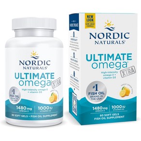 Nodic Natuals Ultimate Omega Xta 레몬 맛 60 소프트 젤 1480mg 오메가3 1000IU 비타민 D3 피쉬 오일 EPA 및 DHA 뇌 심장 관절, 60정, 1개