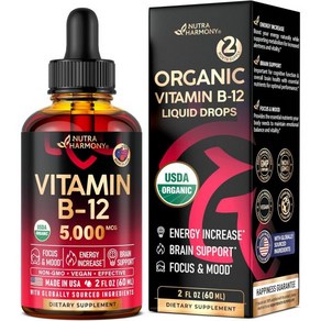 USDA Vitamin B12 Sublingual Dops - 5000 mcg Liquid Vegan Methylcobalamin - Enegy Boost Focus & Moo, 1개, 60ml