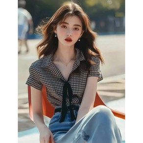 해피유통 여성 여름 체크 반팔 리본 블라우스 세련된 카라 디자인bhf