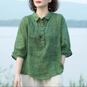 [1/1+1]여성 벌룬 소매 면마 블라우스 봄 여름 린넨 셔츠 블라우스 빅사이즈