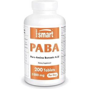 SuperSmart - PABA 보충제 하루 3000mg(파라아미노벤조산) - 천연 B 복합 비타민 - 수용성 PABA 비 GMO 글루텐 프리 - 200 태블릿