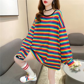 여성용 가을 루즈핏 레인보우 스트라이프 긴팔 티셔츠 women's long-sleeved T-shit 하늘비즈 A31 T667L373