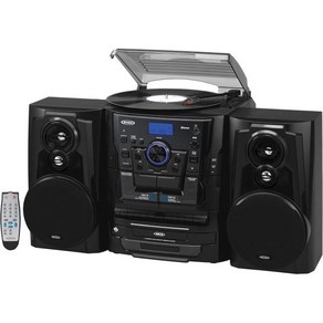 Jensen® Bluetooth® 3 Speed 스테레오 턴테이블 CD 체인저 음악 시스템듀얼 카세트 데크 피치 컨트롤 및 리모컨 포함, Black