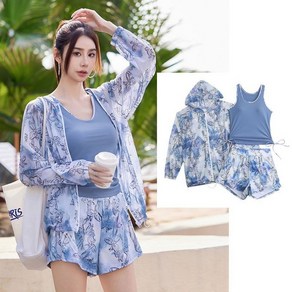 중년 여성 수영복 부모님 엄마 아줌마 래쉬가드 오버핏 레쉬가드, 8034블루쓰리피스, M(40-47.5kg 적합)