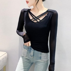 여성용 가을 긴팔 펀칭 망사 비즈 슬림 스판 라인댄스복 티셔츠Women's T-shirt 뉴타임즈 Q587A123