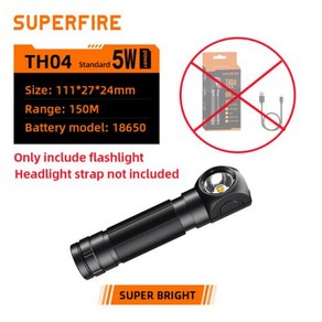 SUPERFIRE LED 고출력 헤드램프 USB 충전식 90 ° 헤드라이트 토치 미니 방수 표시기 자석 테일 손전등 최신, 6) Only Flashlight - 18650 170, 1개